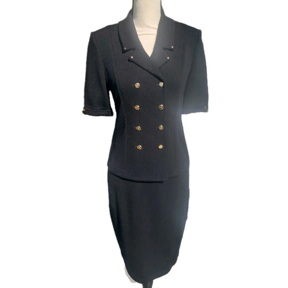 St. John Jackets & Blazers - St John Collection Marie Gray Santana Knit Jacket Skirt Suit Black Sz 4 Gold Btn